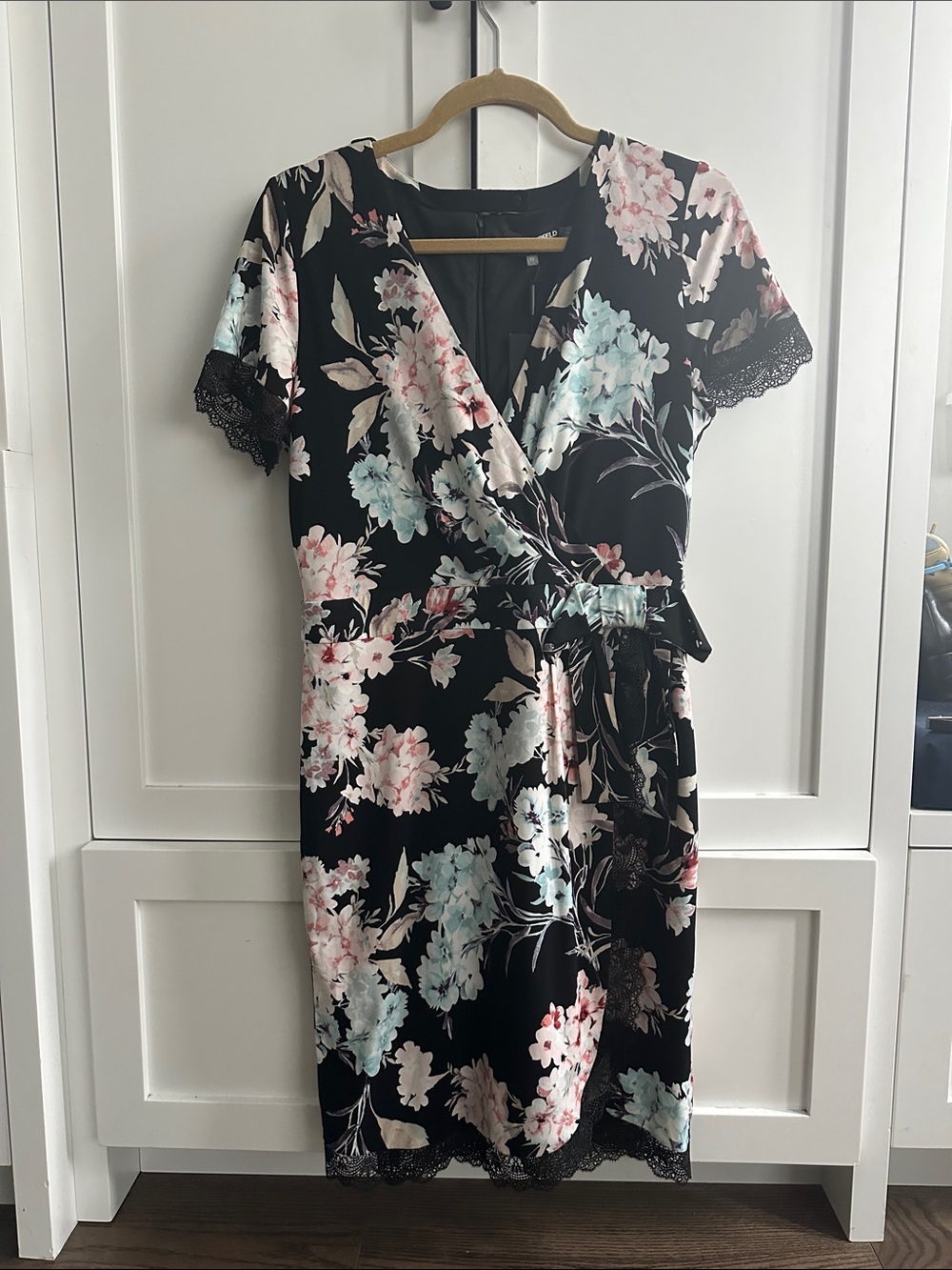 Karl Lagerfeld Black Floral Wrap Midi Dress with Pink & Mint